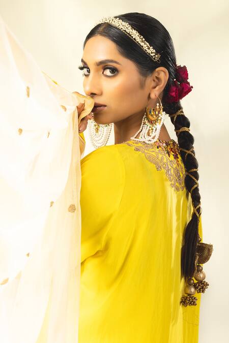 Shivani Sabharwal_Yellow Crepe, Silk, Net Sequins, Embroidery, Dori Short Kurta Flared Pant Set _at_Aza_Fashions