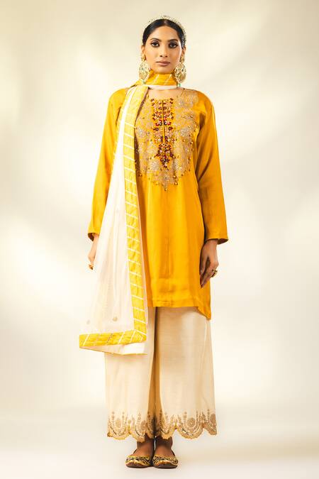 Shivani Sabharwal Yellow Crepe, Silk, Net Dori Thread Embroidered Short Kurta Flared Pant Set Online at Aza Fashions Shivani Sabharwal_Yellow Crepe, Silk, Net Dori Thread Embroidered Short Kurta Flared Pant Set _Online_at_Aza_Fashions
