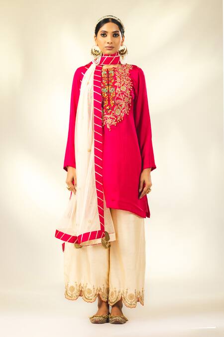 Shivani Sabharwal_Pink Crepe, Silk, Net Gota Patti, Thread Dori Short Kurta Flared Pant Set _Online_at_Aza_Fashions