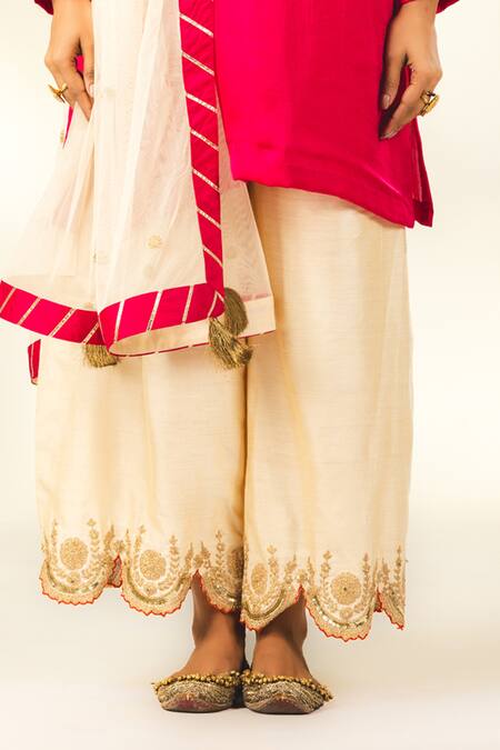 Buy_Shivani Sabharwal_Pink Crepe, Silk, Net Gota Patti, Thread Dori Short Kurta Flared Pant Set _Online_at_Aza_Fashions