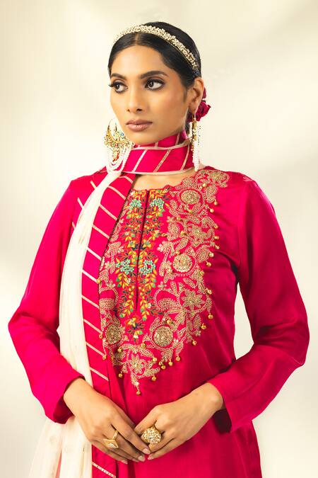 Shop_Shivani Sabharwal_Pink Crepe, Silk, Net Gota Patti, Thread Dori Short Kurta Flared Pant Set _Online_at_Aza_Fashions