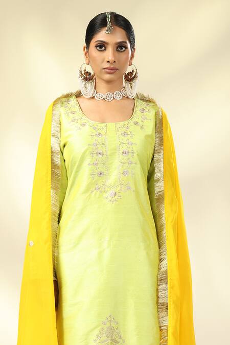 Shivani Sabharwal_Green Silk, Organza Sequins, Lace Zari Embroidered Scalloped Kurta Pant Set _Online_at_Aza_Fashions