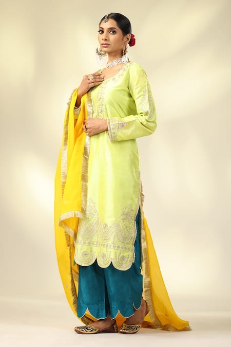 Shivani Sabharwal_Green Silk, Organza Sequins, Lace Zari Embroidered Scalloped Kurta Pant Set _at_Aza_Fashions