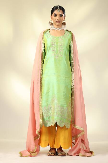 Shivani Sabharwal_Green Silk, Organza Sequins, Zari, Embroidery Round Neck Kurta Pant Set _Online_at_Aza_Fashions