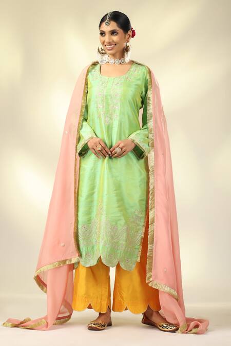 Buy_Shivani Sabharwal_Green Silk, Organza Sequins, Zari, Embroidery Round Neck Kurta Pant Set _Online_at_Aza_Fashions