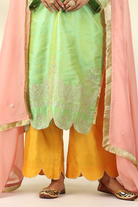Shop_Shivani Sabharwal_Green Silk, Organza Sequins, Zari, Embroidery Round Neck Kurta Pant Set _Online_at_Aza_Fashions