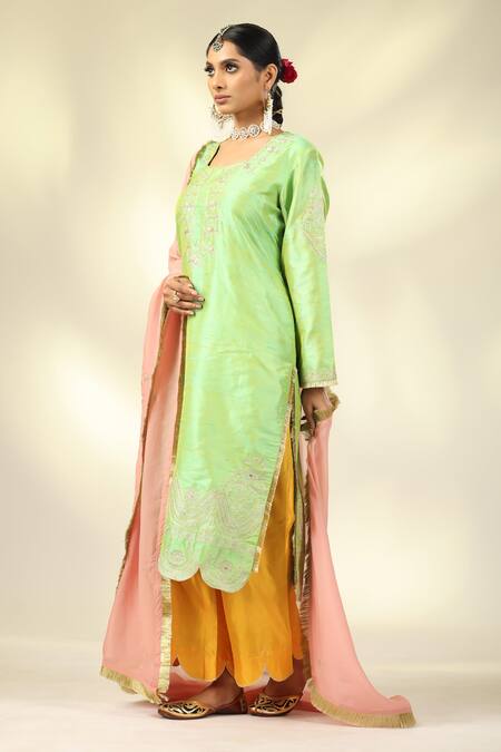 Shivani Sabharwal_Green Silk, Organza Sequins, Zari, Embroidery Round Neck Kurta Pant Set _at_Aza_Fashions