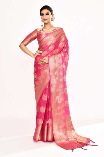Buy_Khwaab By Sanjana Lakhani_Pink Viscose Zari V-neck Heart Pattern Woven Saree With Blouse 