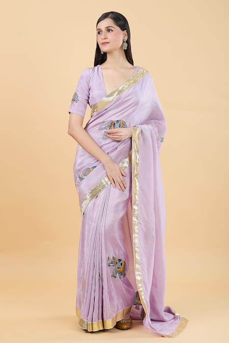 Buy_Samyukta Singhania_Purple Tissue Beads, Lace Plunge Neck Elephant Handpainted Saree With Blouse 