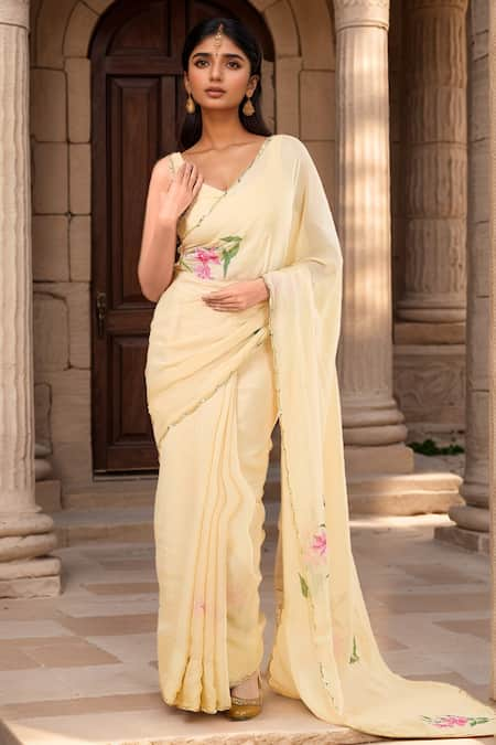 Samyukta Singhania Yellow Organza Handpainted Sequin Leaf Lily Saree With Blouse 