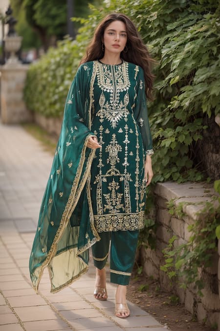 Samyukta Singhania Green Faux Georgette Embroidered Zari Round Kurta Pant Set 