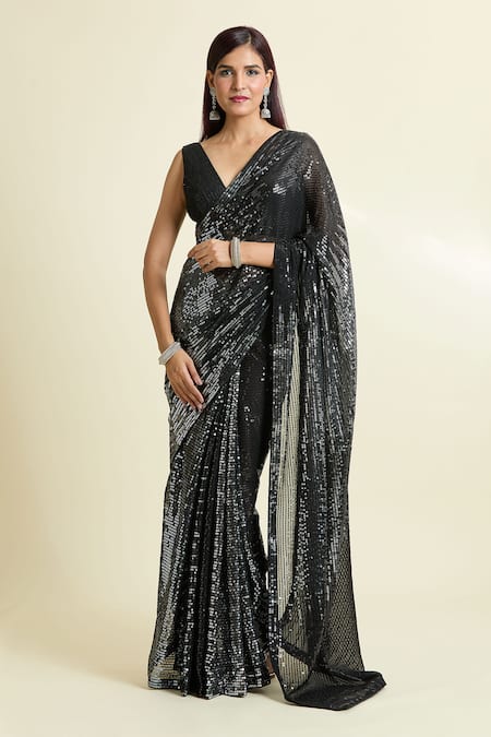 Naintara Bajaj_Black Georgette, Silk Sequins Saree With Unstitched Blouse Piece _at_Aza_Fashions