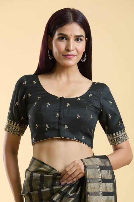 Buy Naintara Bajaj Black Silk Embroidery Round Neck Floral Blouse Buy_Naintara Bajaj_Black Silk Embroidery Round Neck Floral Blouse