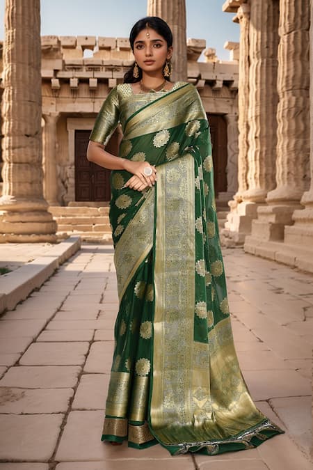 Samyukta Singhania Green Viscose Woven Zari Cut-out Geometric Saree With Blouse 