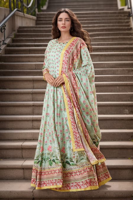 Samyukta Singhania Green Anarkali Dola Silk Printed Floral Round With Dupatta 