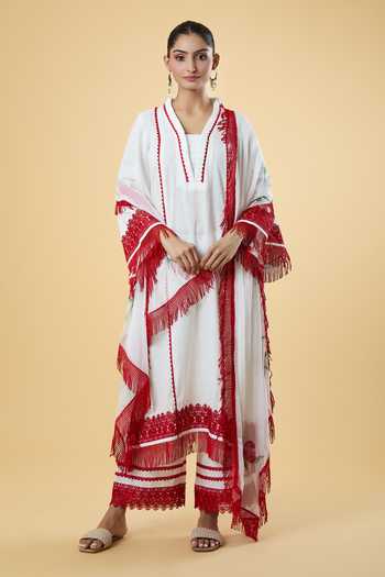 Shop Samyukta Singhania White Cotton Embroidery V-neck Oorja Lace Embellished Kurta Set Shop_Samyukta Singhania_White Cotton Embroidery V-neck Oorja Lace Embellished Kurta Set