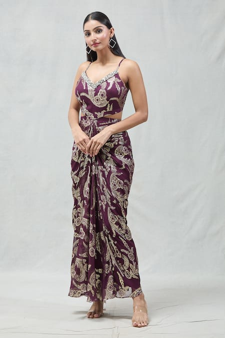 Buy_Naintara Bajaj_Wine Lurex, Georgette Crystals V-neck Embellished Draped Dress 