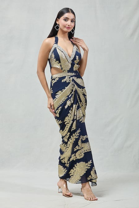 Buy_Naintara Bajaj_Blue Lurex, Georgette Crystals Plunge Neck Draped Embellised Neckline Dress 