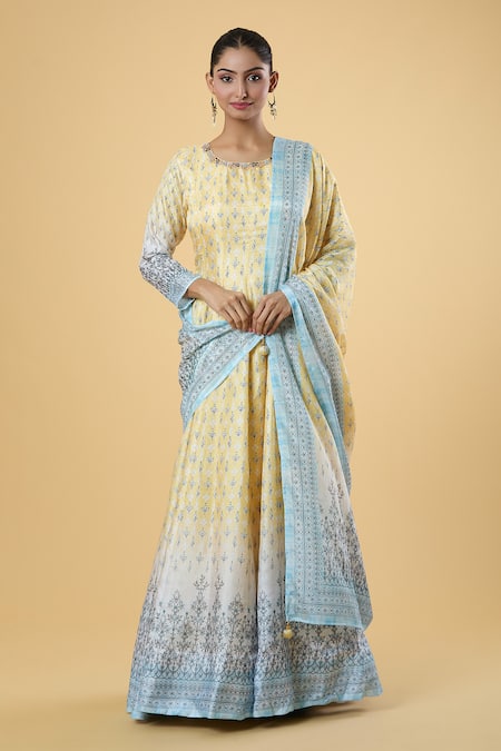 Buy_Samyukta Singhania_Yellow Silk, Chiffon Embroidery Floral Digital Pattern Anarkali With Dupatta 