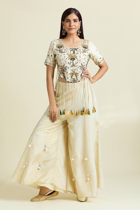 Buy_Samyukta Singhania_Ivory Tissue, Taffeta Tassels, Embroidery Dabka Thread Crop Top With Palazzo 