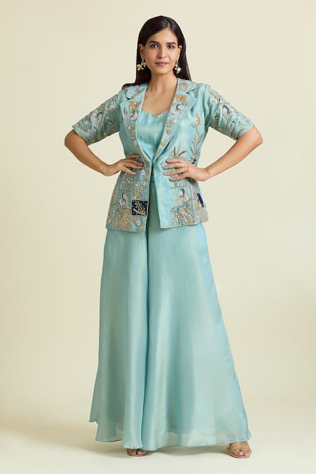 Buy Samyukta Singhania Blue Tissue, Taffeta Sequins, Beads Nature Thread Embroidered Jacket Palazzo Set Buy_Samyukta Singhania_Blue Tissue, Taffeta Sequins, Beads Nature Thread Embroidered Jacket Palazzo Set