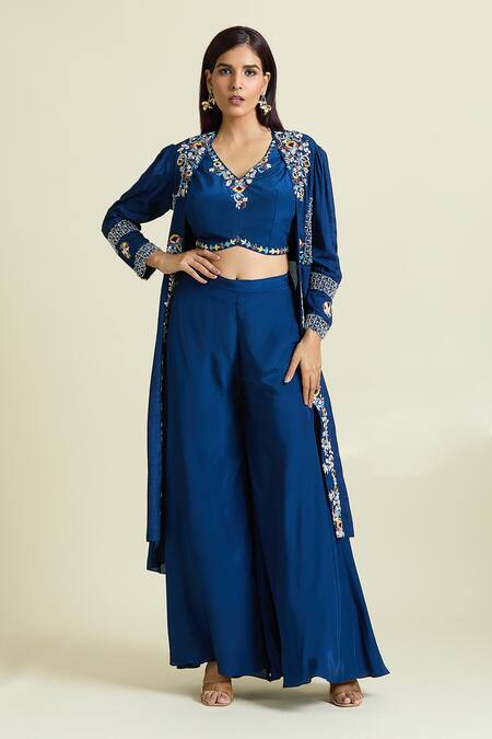 Shop Samyukta Singhania Blue Crepe, Denim, Taffeta Crystals, Embellished Floral Jacket Palazzo Set Shop_Samyukta Singhania_Blue Crepe, Denim, Taffeta Crystals, Embellished Floral Jacket Palazzo Set
