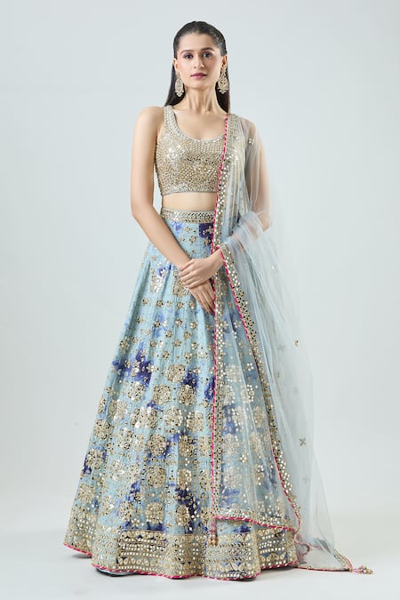 Shop_Samyukta Singhania_Blue Silk, Net Mirrors, Embroidery Mirrorwork Embellished Tie-dye Lehenga Set 