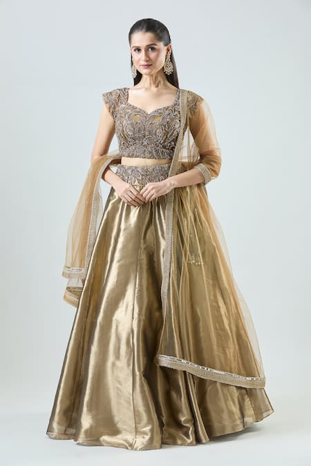 Shop_Samyukta Singhania_Gold Tissue, Net Beads, Sequins Panelled Lehenga Set With Embellished Blouse 