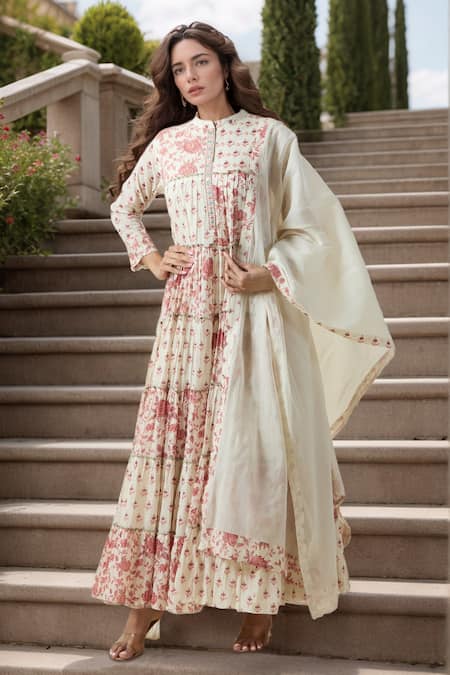 Samyukta Singhania Floral Patch Work Print Anarkali With Dupatta 