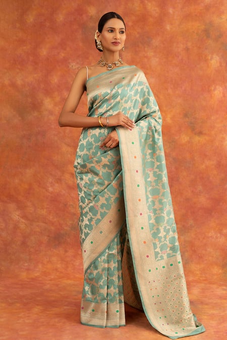 Shop_Neitri_Blue Silk, Brocade Embroidery Zinnia Handwoven Saree With Running Blouse _Online_at_Aza_Fashions