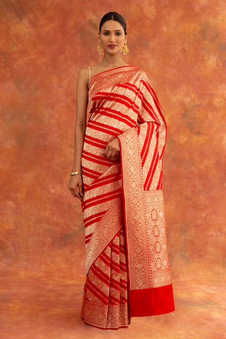 Neitri Red Silk, Brocade Zari Rose Diagonal Pattern Saree With Running Blouse Online at Aza Fashions Neitri_Red Silk, Brocade Zari Rose Diagonal Pattern Saree With Running Blouse _Online_at_Aza_Fashions