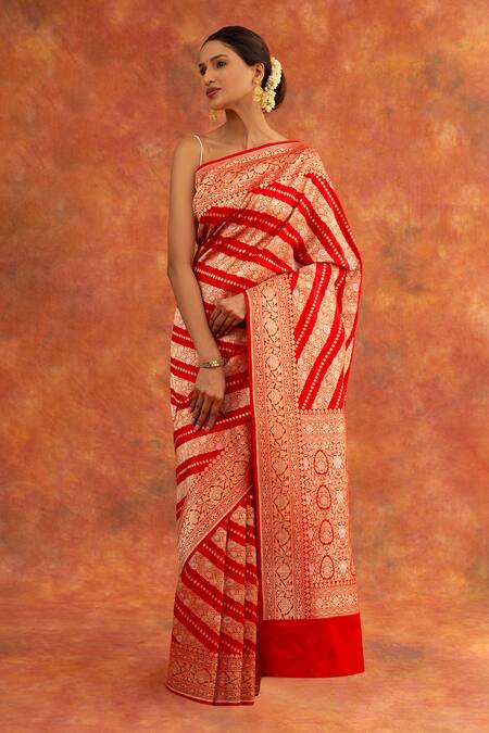 Buy Neitri Red Silk, Brocade Zari Rose Diagonal Pattern Saree With Running Blouse Online at Aza Fashions Buy_Neitri_Red Silk, Brocade Zari Rose Diagonal Pattern Saree With Running Blouse _Online_at_Aza_Fashions