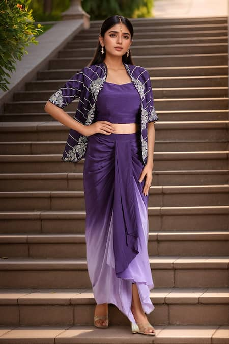 Samyukta Singhania Embellished Floral Jacket Ombre Draped Skirt Set 