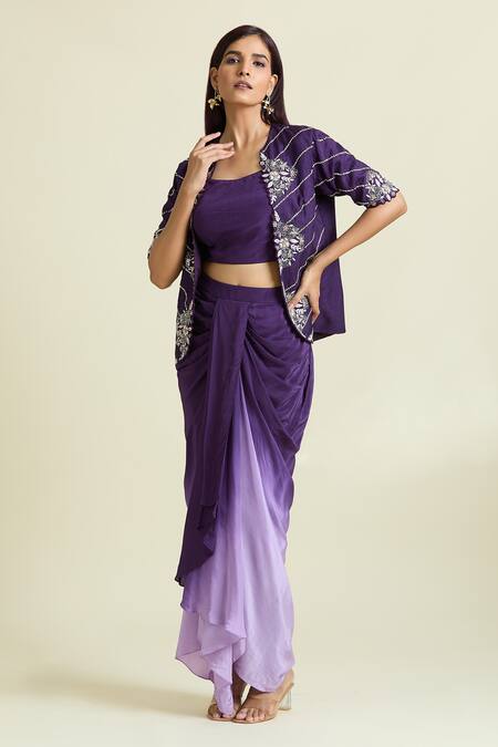 Shop_Samyukta Singhania_Purple Crepe, Taffeta Sequins, Embellished Floral Jacket Ombre Draped Skirt Set 