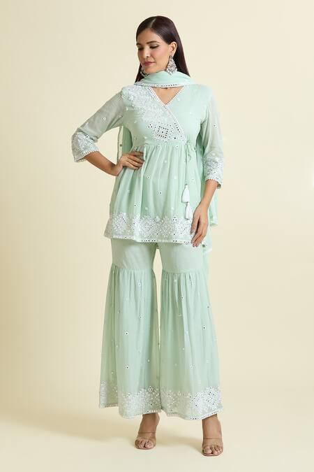 Shop Samyukta Singhania Green Cotton Embroidery, Mirrors V-neck Peplum Kurta Sharara Set Shop_Samyukta Singhania_Green Cotton Embroidery, Mirrors V-neck Peplum Kurta Sharara Set