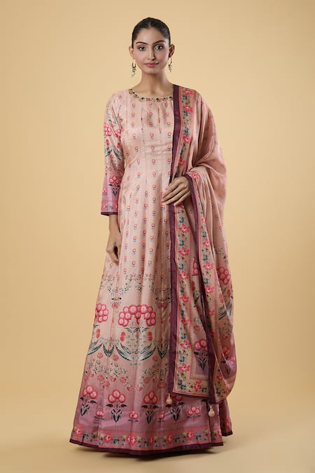 Buy_Samyukta Singhania_Pink Chiffon Embroidery Round Neck Floral Pattern Anarkali With Dupatta 