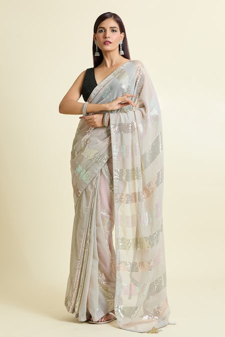 Shop_Naintara Bajaj_Grey Georgette, Brocade Sequins Stripe Saree With Unstitched Blouse Piece 