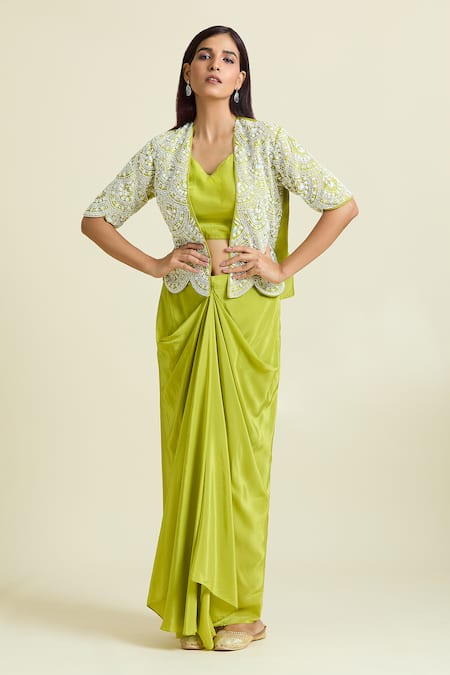 Shop_Samyukta Singhania_Green Crepe, Taffeta, Denim Sequins, Embellished Scalloped Jacket Skirt Set 