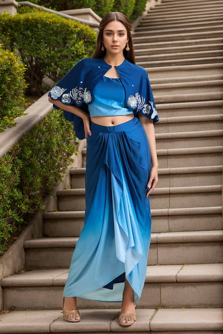 Samyukta Singhania Embellished Scalloped Cape Ombre Draped Skirt Set 