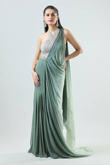 Buy_Samyukta Singhania_Green Net, Georgette Sequins, Beads Halter Ombre Pre-draped Mermaid Saree Set 