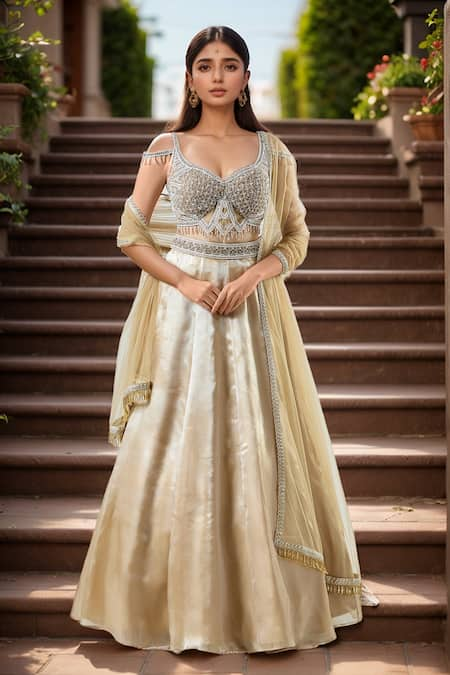 Samyukta Singhania Panelled Lehenga Set With Embellished Cold Shoulder Blouse 