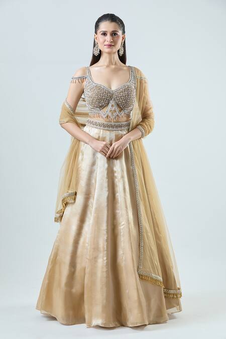 Buy_Samyukta Singhania_Gold Net, Tissue Beads, Panelled Lehenga Set With Embellished Shoulder Blouse 