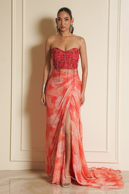 Vesture Orange Chiffon Print Floral Sweetheart Carnation Draped Skirt With Corset 