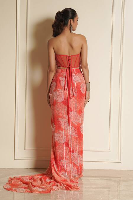 Vesture Floral Carnation Print Draped Skirt With Corset 