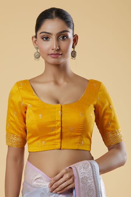 Naintara Bajaj Yellow Silk Sequins, Zari Round Neck And Embroidered Blouse at Aza Fashions Naintara Bajaj_Yellow Silk Sequins, Zari Round Neck And Embroidered Blouse _at_Aza_Fashions