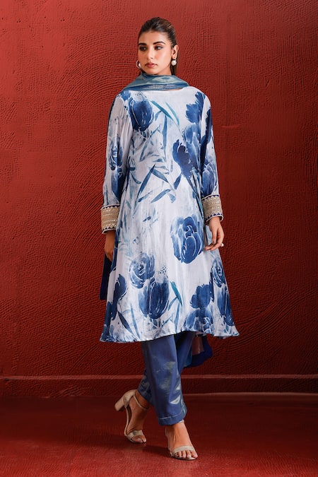 Shop_The Home Affair_White Muslin, Crepe, Cotton, Silk, Tissue Floral Pattern A-line Kurta Set _Online_at_Aza_Fashions