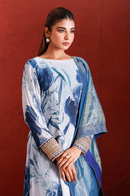 Buy_The Home Affair_White Muslin, Crepe, Cotton, Silk, Tissue Floral Pattern A-line Kurta Set 