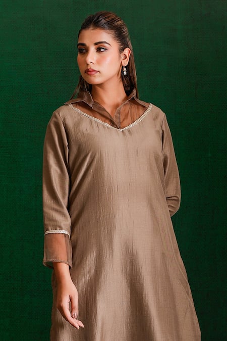 The Home Affair_Brown Organza, Muslin Sequins Collared Detailed Kurta With Pant _Online_at_Aza_Fashions