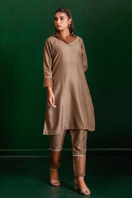 The Home Affair_Brown Muslin, Cotton Sequins, Beads, Cut Work Detailed Kurta Set With Jacket _Online_at_Aza_Fashions