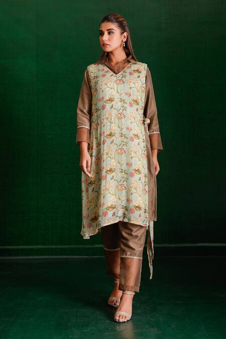 Shop_The Home Affair_Brown Muslin, Cotton Sequins, Beads, Cut Work Detailed Kurta Set With Jacket _Online_at_Aza_Fashions
